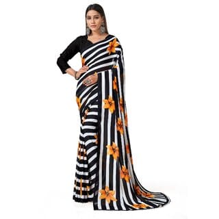 SVB Sarees Womens Black Colour Stripped Pure Georgette Flower Printed Saree With Blouse Piece