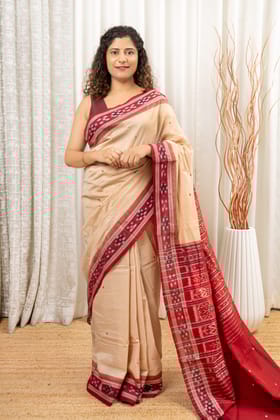 Pasapali Border Odisha Ikkat Khandua Cotton Saree - Beige-Maroon