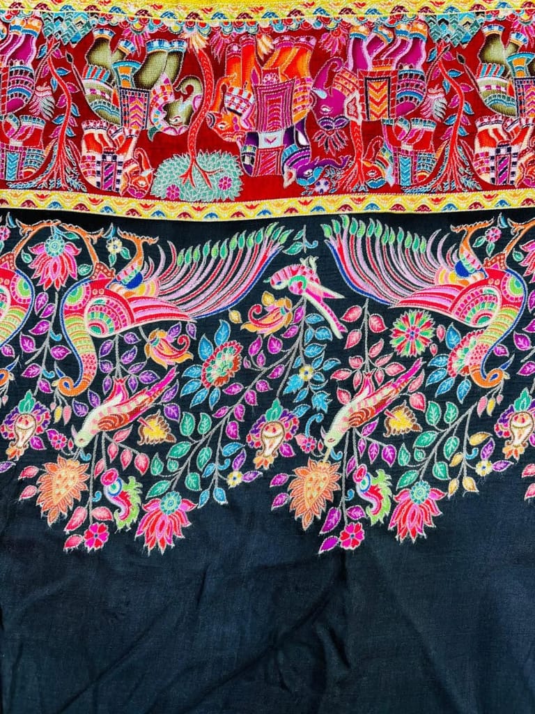 Tulip Rajwadi Traditional Saree, Multicolour Rajasthani Motif Design, Black Base