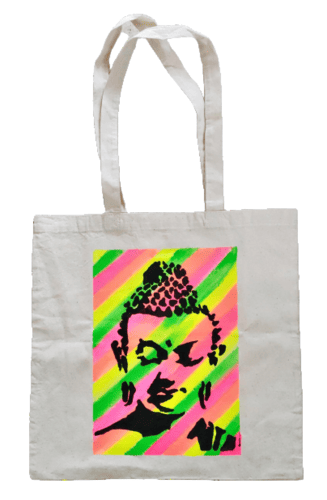 Hand Stencilled Buddha Art Work On Cotton Bag