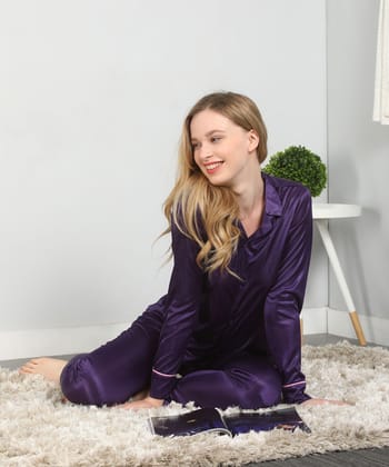 Klamotten Women's Solid Satin Button Up Top & Pyjama Nightsuit DB57J