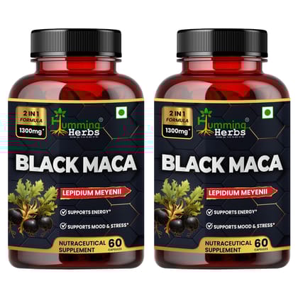Humming Herbs Black Maca Root Extract 1300mg - Boosts Energy & Stamina, Supports Mood & Hormonal Balance - Men's & Women's Health Supplement - Pack of 2
