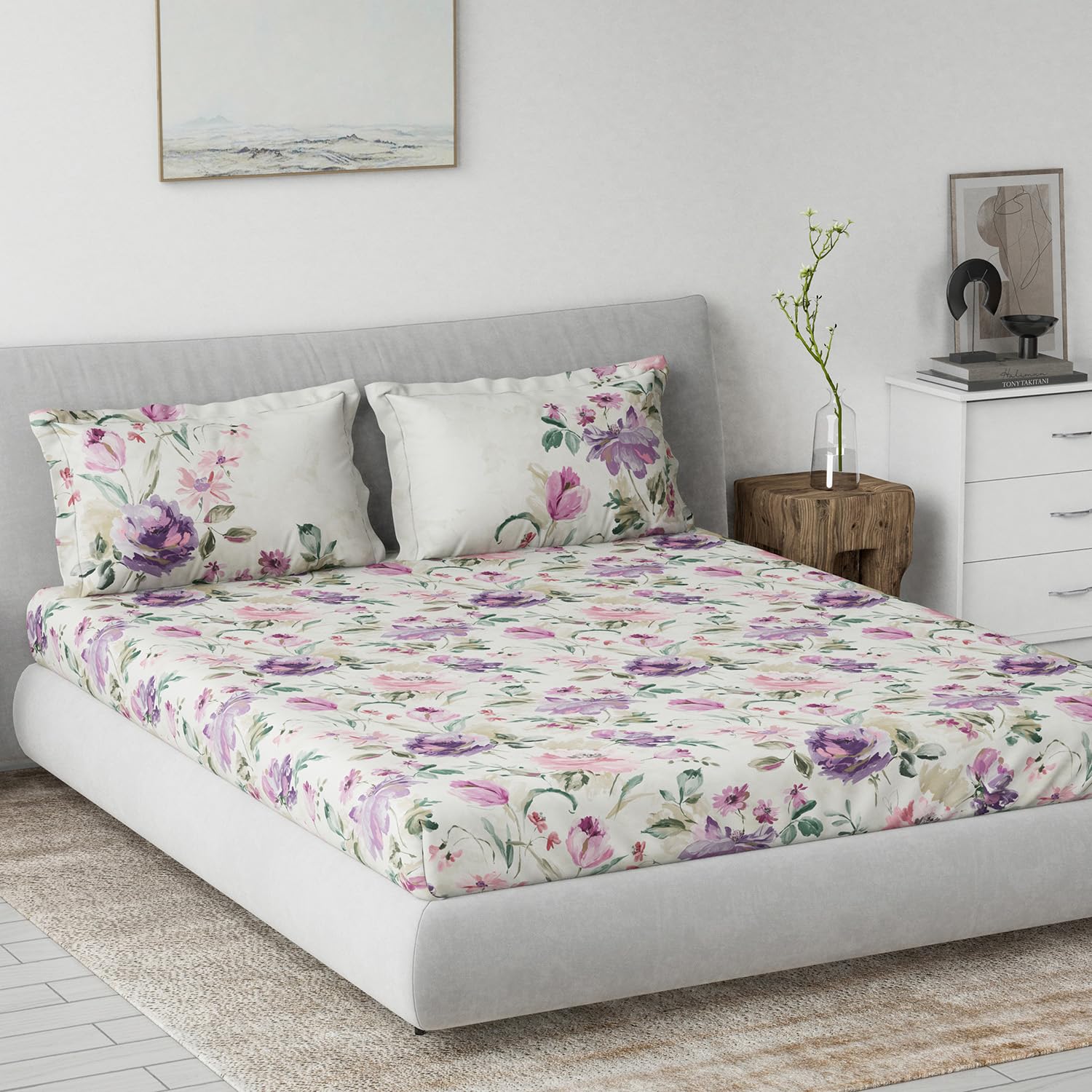 DDECOR - Primary Collection 100% Cotton Classical Pattern 145TC King Bedsheet |229 CM X 274 CM| with 2 Pillow Covers - Purple