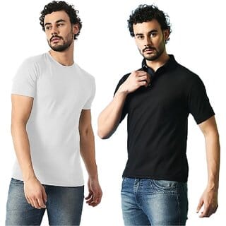 (Combo of 2) PrintCultr Mens Solid White Round Neck T-Shirt With Black Polo Collar T-Shirt For Men