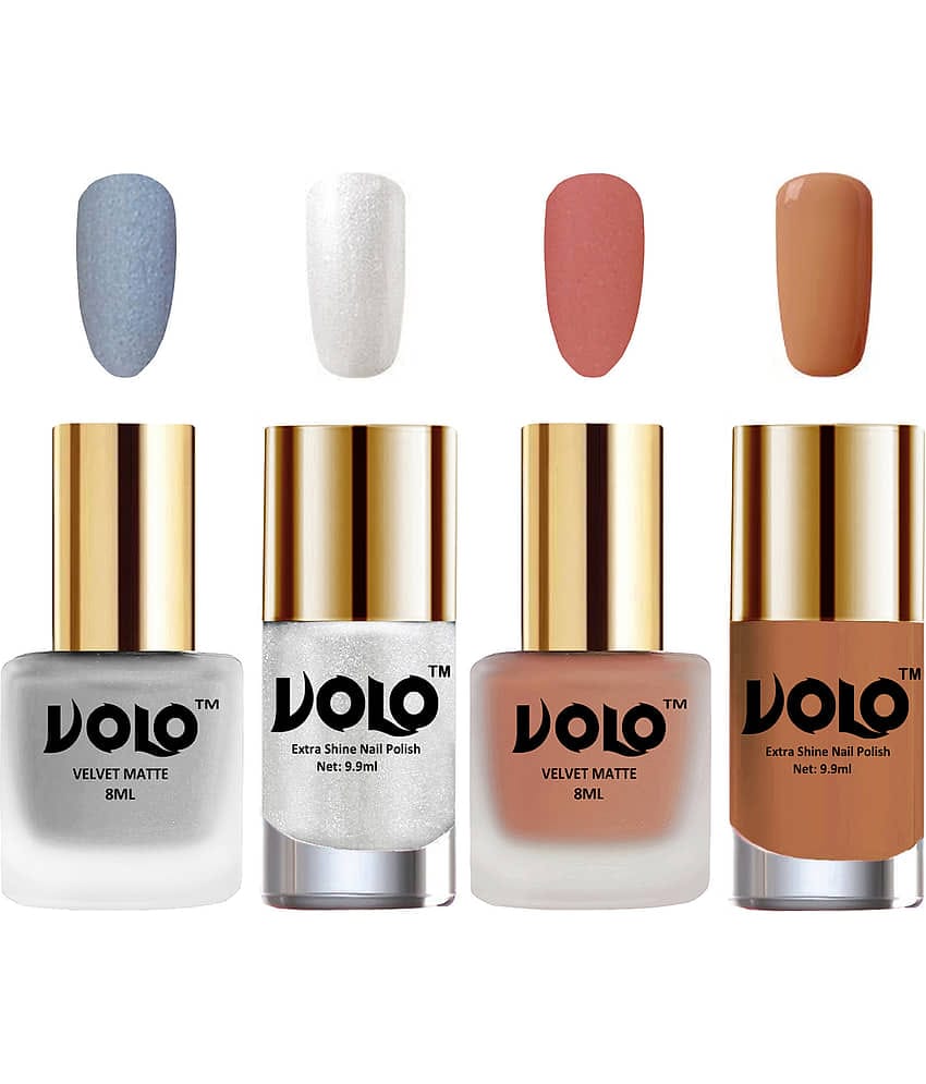 VOLO Extra Shine AND Dull Velvet Matte Nail Polish Silver,Peach,Silver, Nude Matte Pack of 4 36 mL