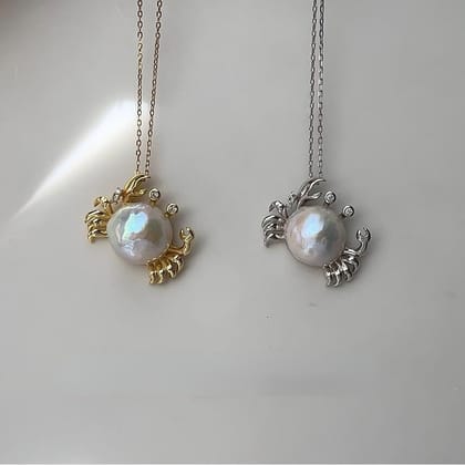 Ocean Pearl Shape Crabs 18k Gold Silver Stainless Steel Anti Tarnish Necklace Pendant Chain For Women-Silver