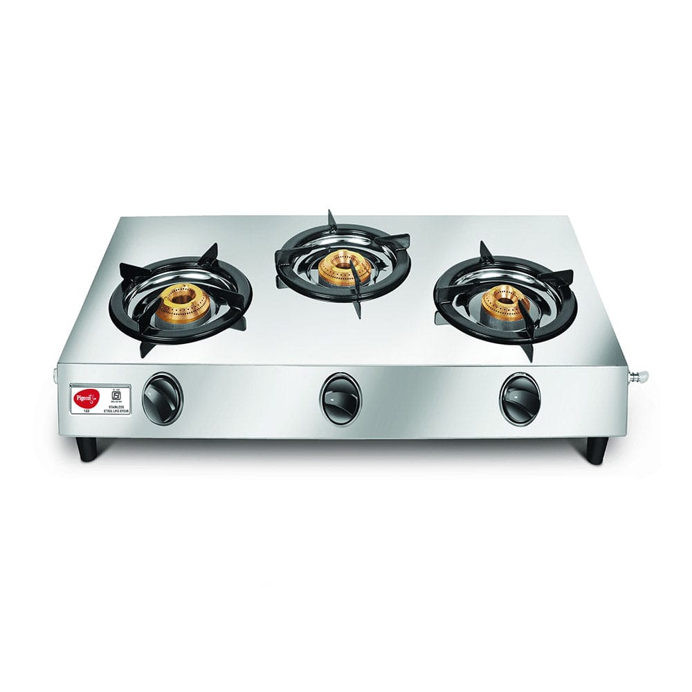 Pigeon 123 3-Burner LPG Gas Stove (Silver, Manual Ignition) - Durable & Efficient