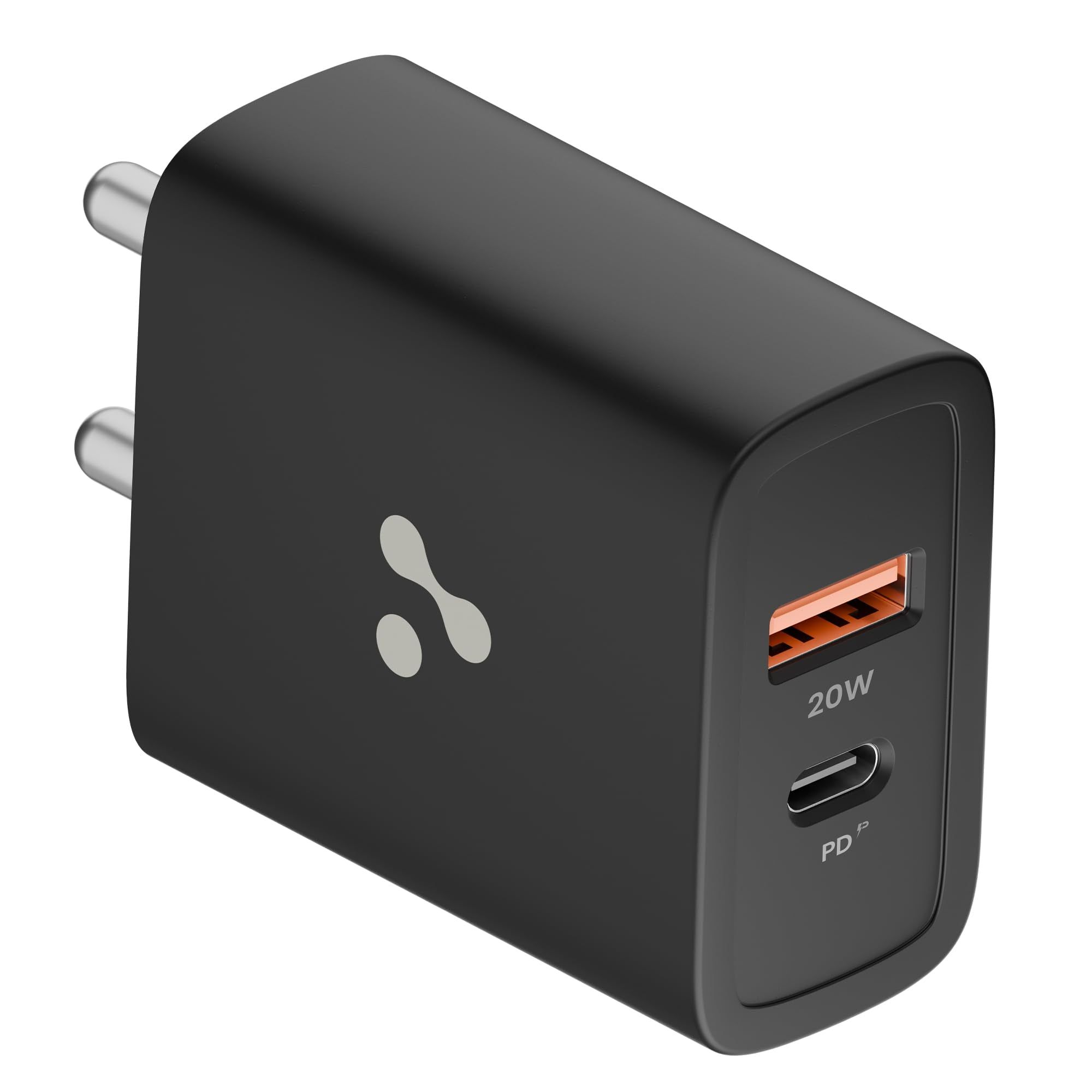Ambrane 20W Dual Port Wall Charger, USB & Type C Adapter Fast Charging for iPhone 16/15/14/13/12/11 (Pro,Pro Max,Plus), iPad, Google Pixel, Samsung & All Type C Devices BIS Certified (H11 Black) Black