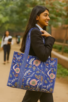 Handblock Printed Quilted Tote Bag without zip/button 17x18x 6 inches