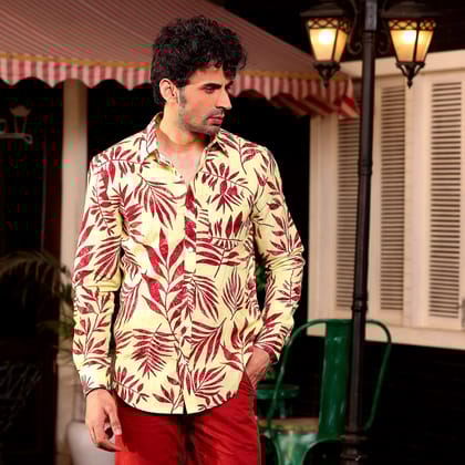 Tropical Maroon Leaves Banana Yellow Casual Pure Linen Full Shirt (Size - S) by BLUE EAGLE