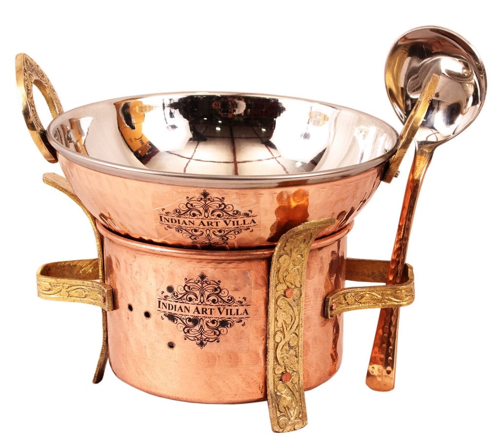 Handmade Pure Copper Sigri with Brass Stand & Steel Copper Kadai & Spoon