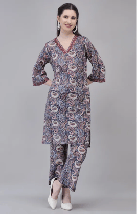 Dark Blue Cotton Hand Block Printed Co-ord Set