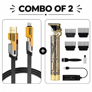 (Combo of 2) 4-in-1 65W Fast Charging Cable for iPhone & Android & Golden Electric Hair Trimmer with USB Rechargeable Battery & Cleaning Brush