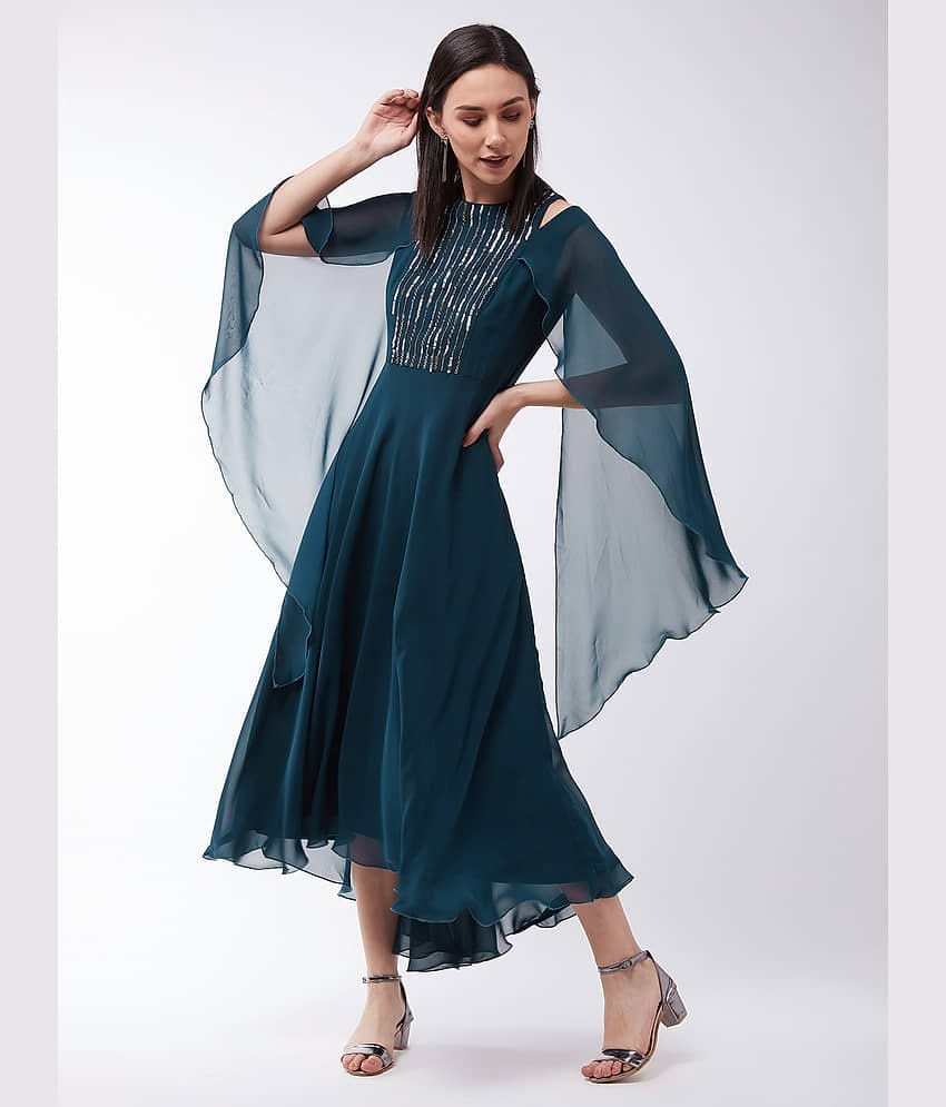 Miss Chase Women Polyester Embellished A-line Dress ( Teal )