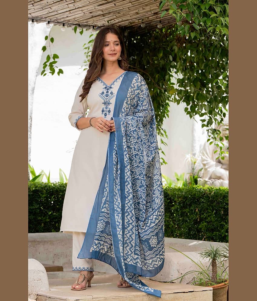 MAUKA Women Cotton Embroidered Straight Kurti With Palazzo ( Cream )