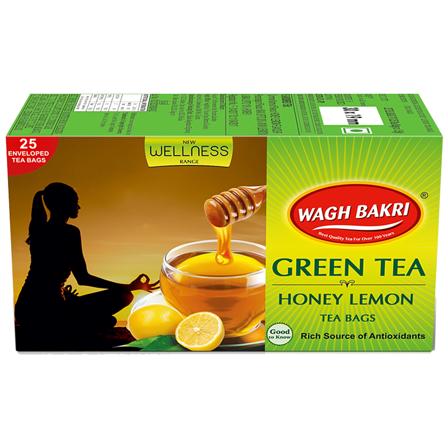 WaghBakri Green Tea - Honey Lemon, 37.5 g (25 Bags x 1.5 g each)