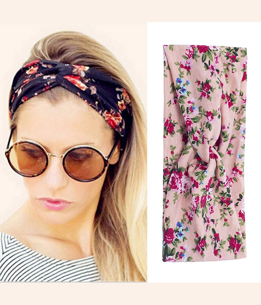 FOK 2 Pc Flower Printed Twist Knotted Yoga Sport Head Wrap Hairband Women and Girls - Cream