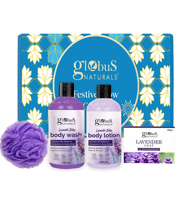 Globus Naturals Lavender Haven Essentials Bath & Body Gift Hamper Set of 4, Box includes - Lavender Body wash 200ml, Lavender Lotion 200ml, Lavender Soap 100gm, Loofah