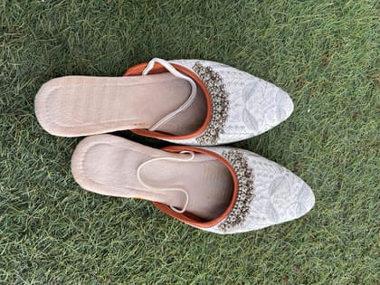 Bridal Flats with Silver jooti Embroidery, Crystal Beaded Detail, White Wedding Shoes