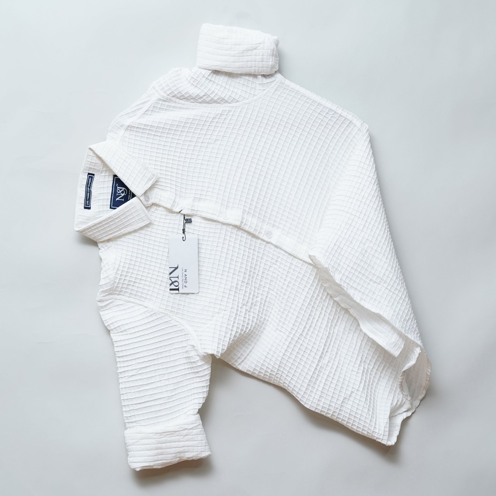White | Grid Pattern Shirt | Waffle Knit-S
