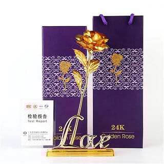 24K Artificial Rose for Birthday and Anniversary, 10 Inches( Golden with Love Stand)