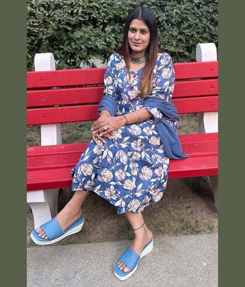 Wonder Weaves Women Cotton Blend Printed A-line Kurti With Pants ( Blue )