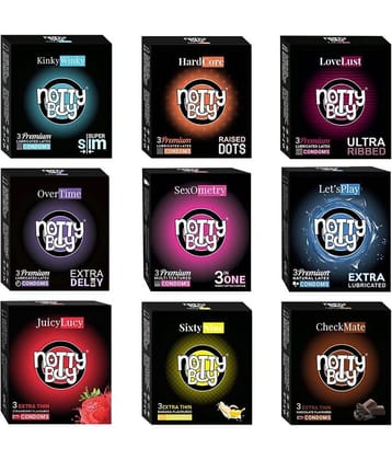 NottyBoy Honeymoon Pack Banana, Chocolate, Strawberry Flavour, 3IN1, Raised Dots, Ultra Ribbed, Long Time, Contoured, More Thin & Lubricated Condoms- 27 Units