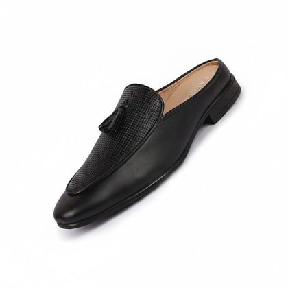 Men's Black Tassel Textured Mules