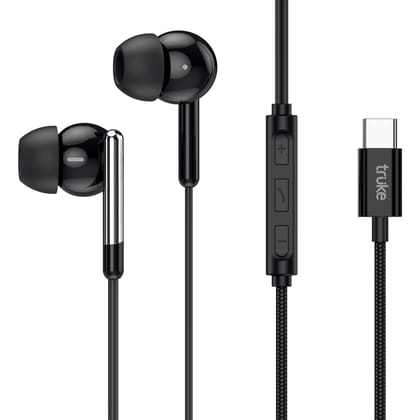 Truke Bass H1 Premium in-Ear Type-C Wired Earphones w/ 13mm Titanium Drivers, Rich Deep Bass, Smart in-Line Controls for Music & Calls, Built-in HD Mic, Lightweight Design & Tangle-Free Cable (Black)