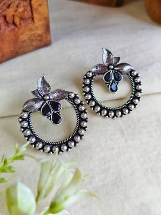 Oxidised Floral Stud Earrings for Women | Sarichka-Black