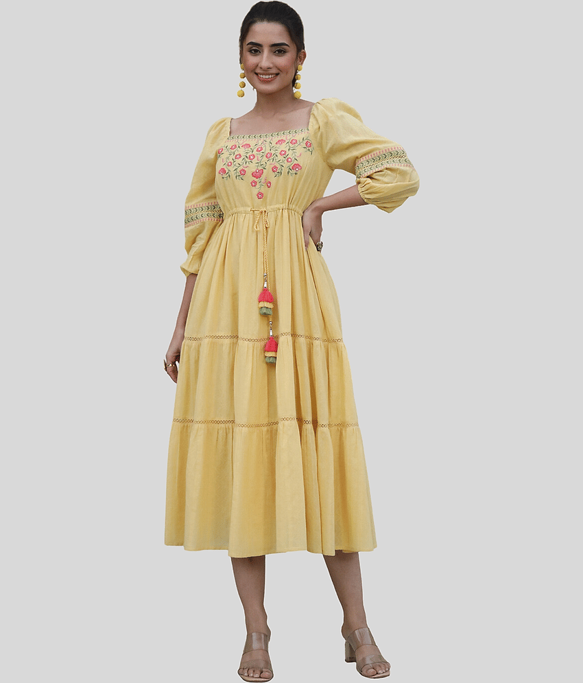 Juniper Women Cotton Blend Printed Fit & Flare Dress ( Yellow )