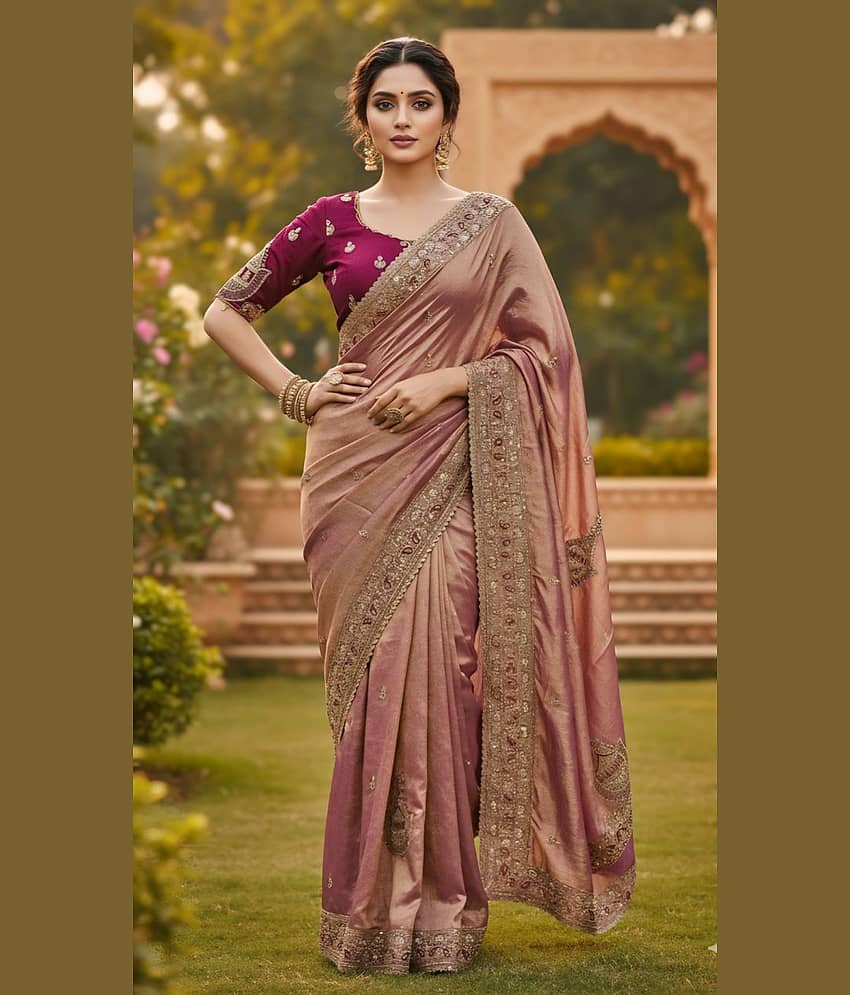 INDIAN SILKS Silk Blend Embroidered Regular Saree With Unstitched Blouse Piece ( Peach )