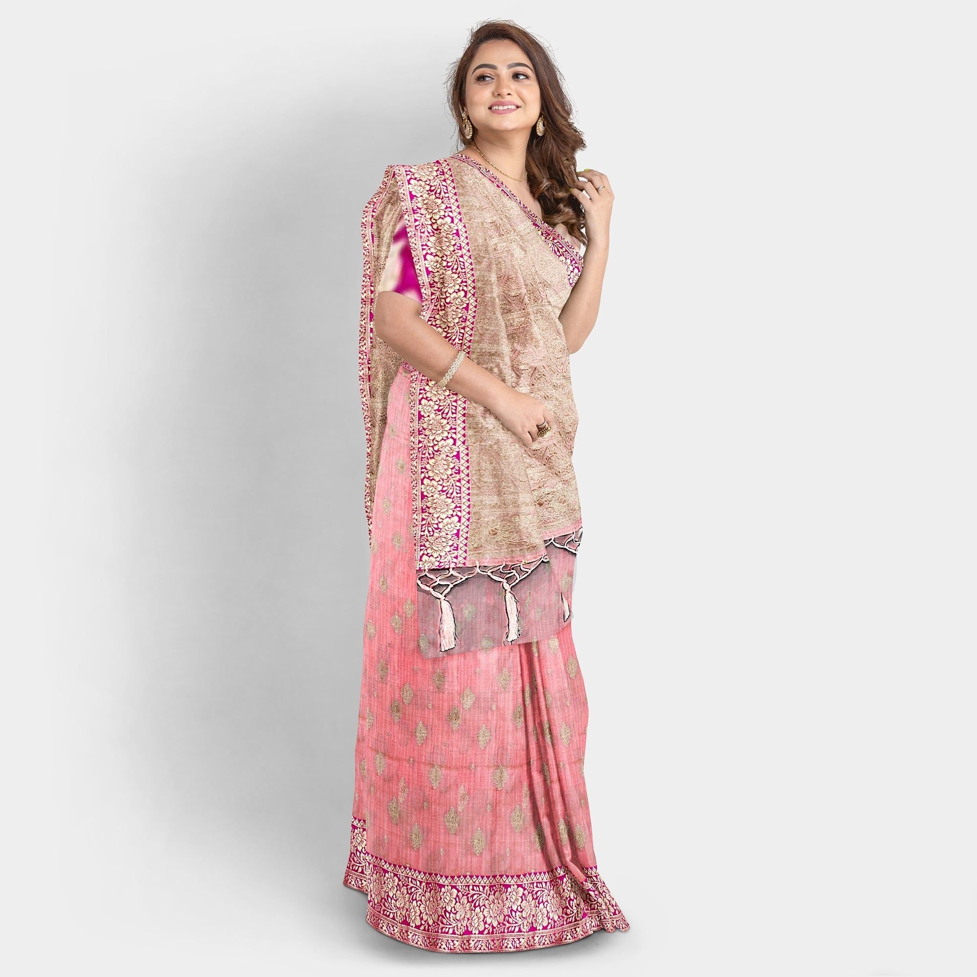 TheHangr Raw Silk Light Pink Saree With Dark Pink Border