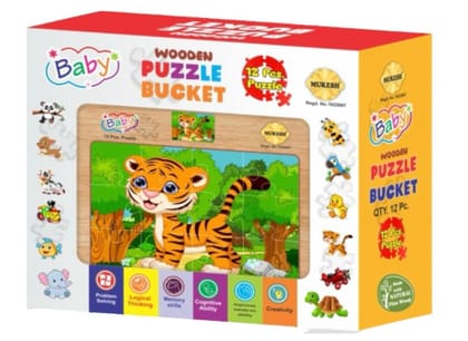 MUKESH Wooden Jigsaw Puzzle Set of 12 for Kids 12 Pieces Each Puzzle Bucket