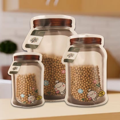 Plastic Transparent Jar Shaped Pouch With Zipper (3 Pcs Set)_assorted colour