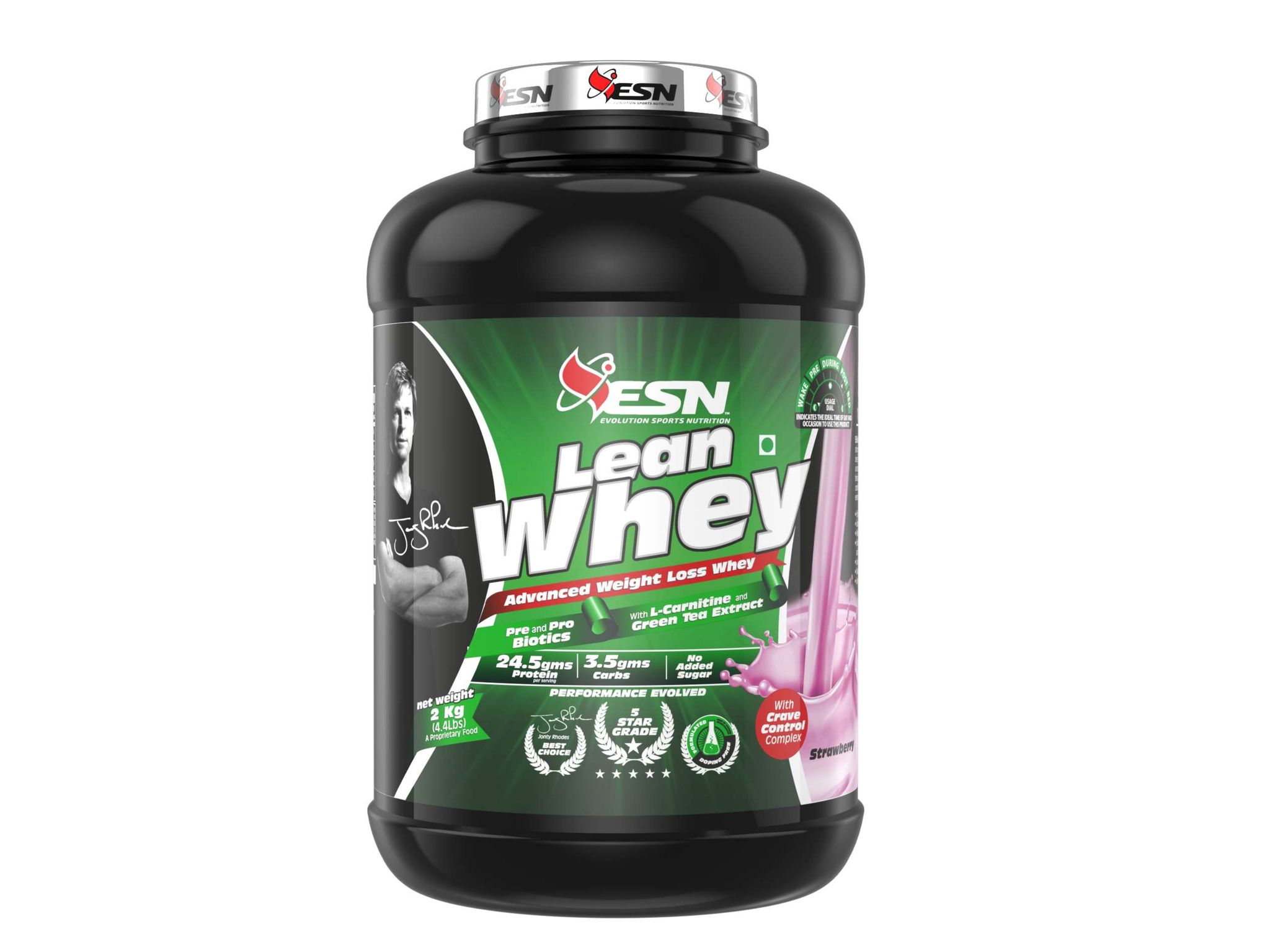 ESN Lean Whey Protein, 2kg (4.4lbs), Strawberry, 23g Protein, 200mg Green Tea Leaf Extract, 1g Acetyl L-carnitine Hcl, Increase Strength & Performance