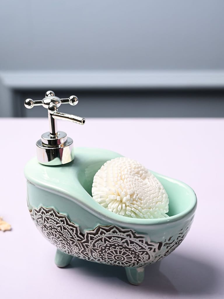 Ceramic Teal Green Bath Tub Shaped Soap Dispenser - Embossed Glossy Finish