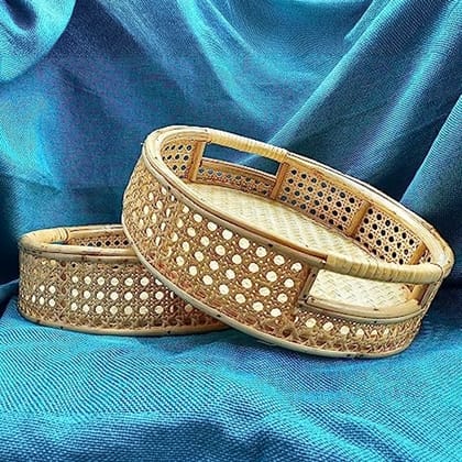 Dastkar Crafts (2 Pieces) Cane Wood Round Basket/Hand Woven Serving Baskets Dastkar Crafts (2 Pieces) Cane Wood Round Basket/Hand Woven Serving Baskets