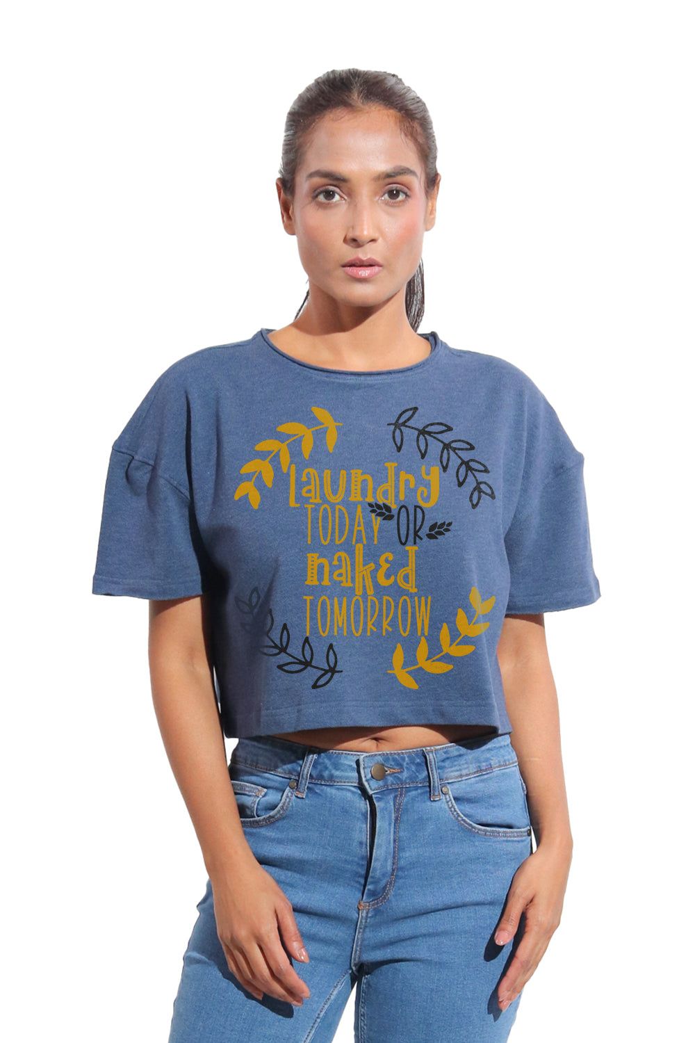 Kinnko Premium Cotton Womens Textured Blue Printed Crop T-Shirt