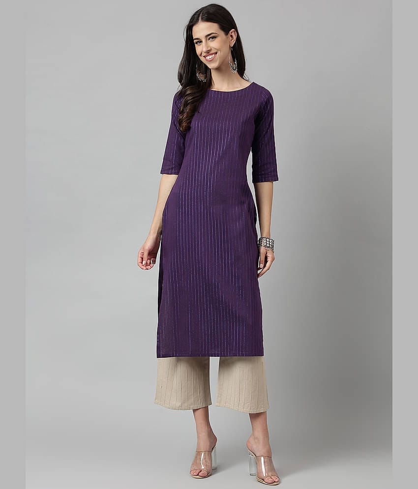 Hritika Cotton Blend Striped Straight Women's Kurti - Purple ( Pack of 1 )