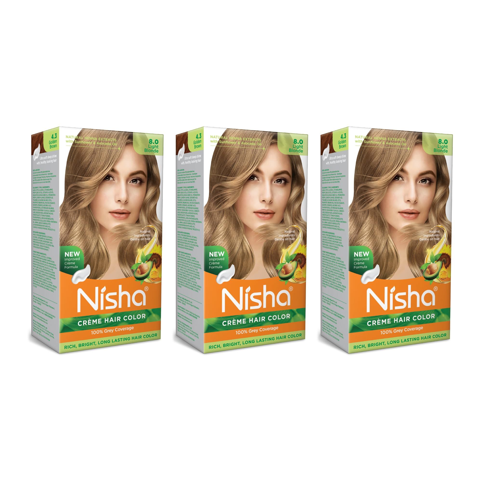 Nisha Creme Hair Color, Permanent Hair Colour Light Blonde, Silky & Shiny 100% Grey Coverage & Ammonia Free Color With Natural Henna Extract, 60G+60Ml Nisha Creme Hair Color, Permanent Hair Colour Light Blonde, Silky & Shiny 100% Grey Coverage & Ammonia