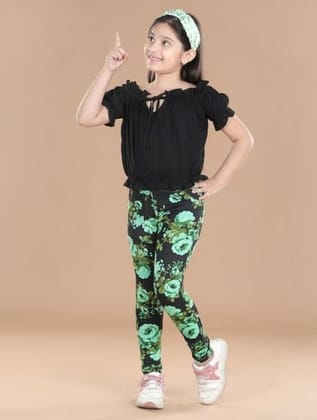 Girl's Cotton Blended Floral Elasticated Jeggings (Black-Green, 5-6-Yrs)-PID66069 Girl's Cotton Blended Floral Elasticated Jeggings (Black-Green, 5-6-Yrs)-PID66069