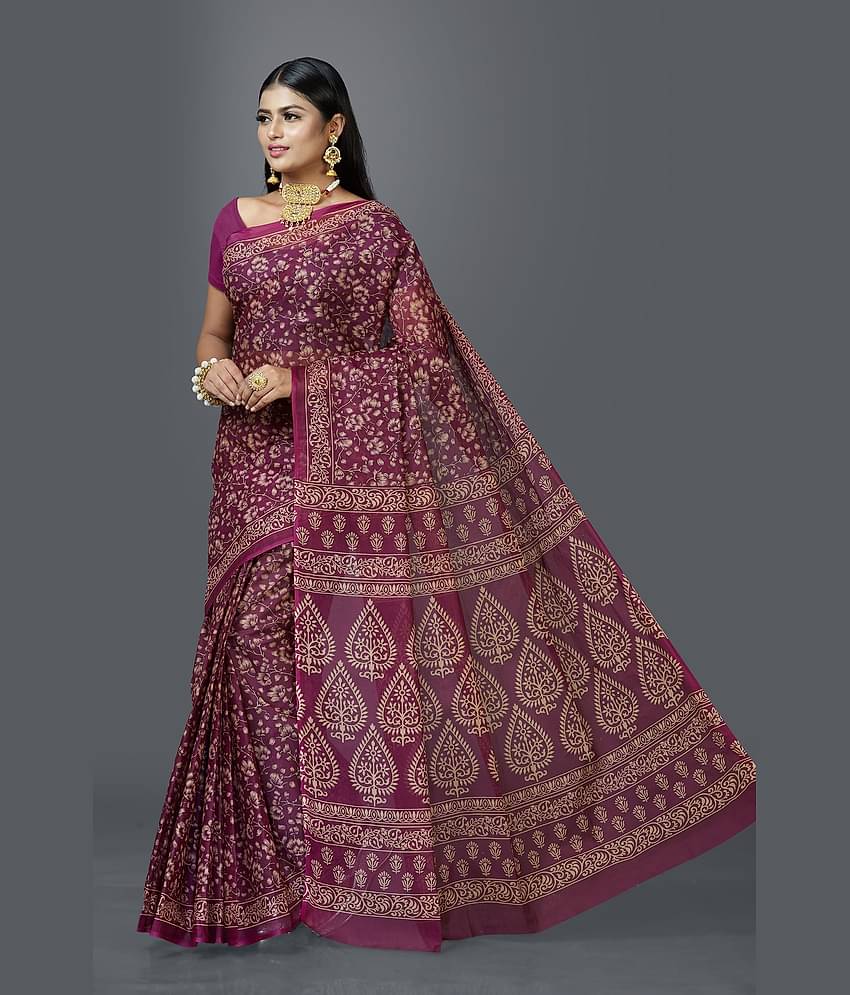 SHANVIKA Cotton Printed Saree Without Blouse Piece ( Wine )