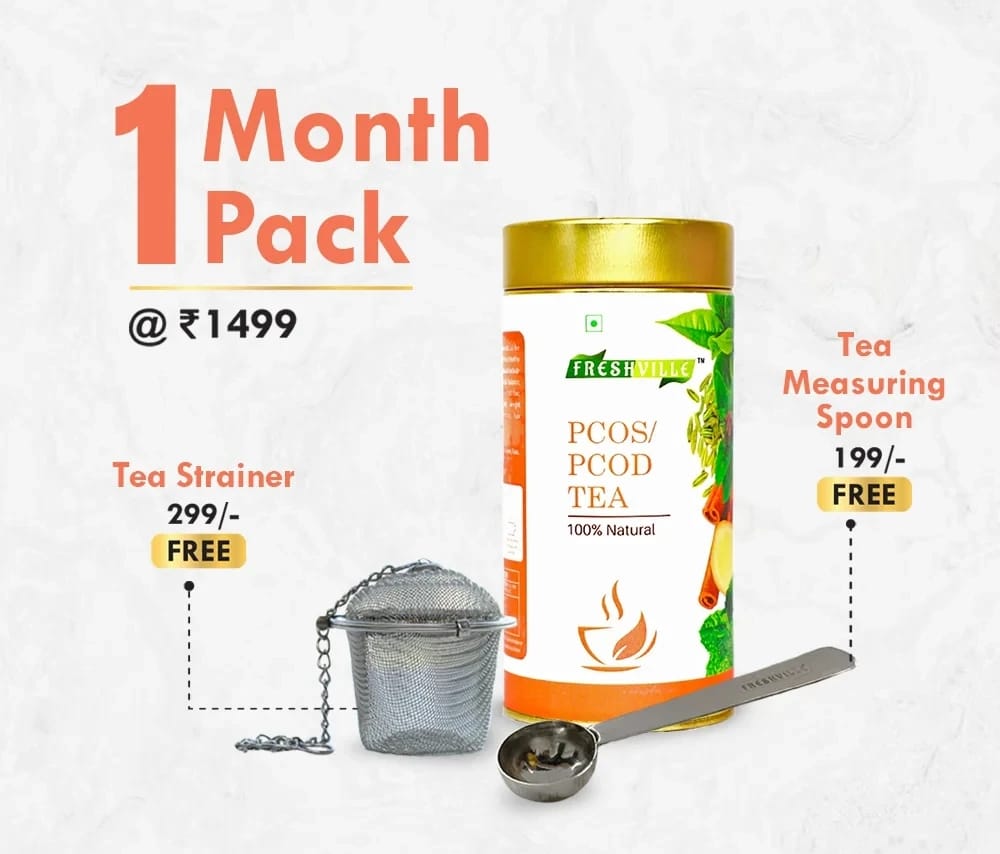 Freshville PCOS PCOD Tea | Pure & Natural | Helps In Hormonal Imbalance & Facial Hair & Acne | Caffeine Free | Ginger, Fenugreek, Spearmint, Cinnamon, Fennel, Tulsi, Lodhra, Ashoka, Green te