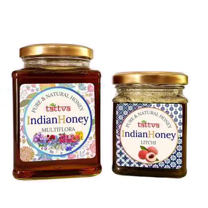 IndianHoney Himalayan Multiflora & Buttery & Cognitive-Boosting Litchi Honey Combo Pack (500gm & 230gm) Himalayan Multiflora & Litchi