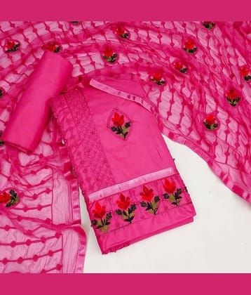 Gazal Fashions Unstitched Cotton Blend Embroidered Dress Material - Pink ( Pack of 1 )