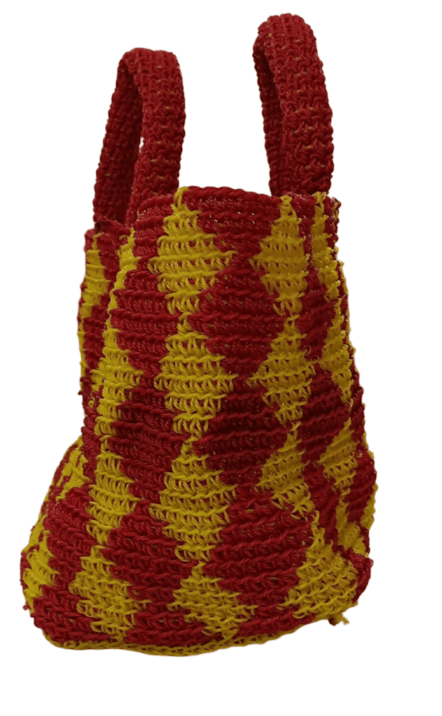 "Handcrafted Jute Tote Bag with Vibrant Red and Yellow Stripes, Perfect for Eco-Friendly Shopping and Everyday Use"