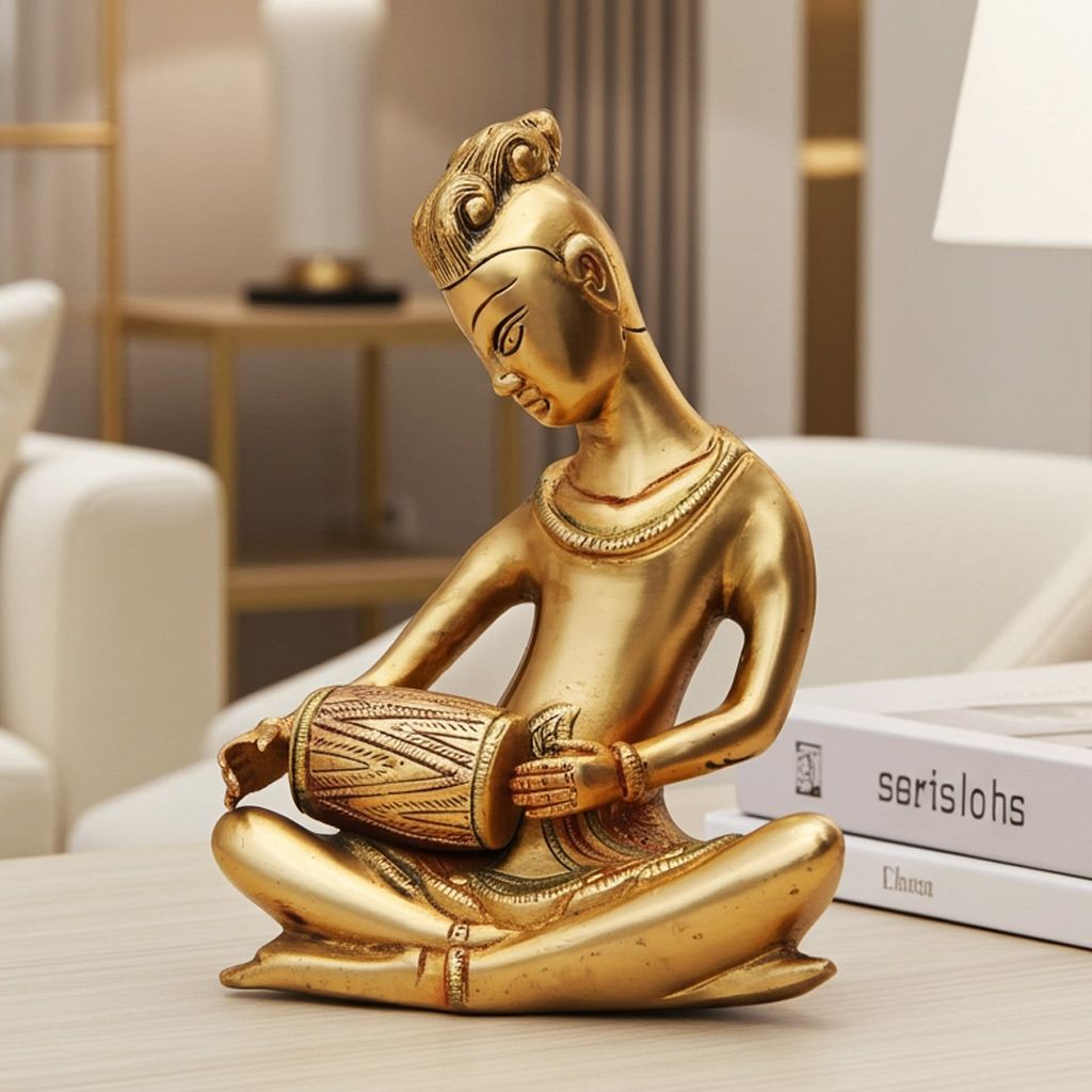 Brass Showpiece Dholak Rajisthani Statue, Height : 8.5 Inch (BSMAS479 B)