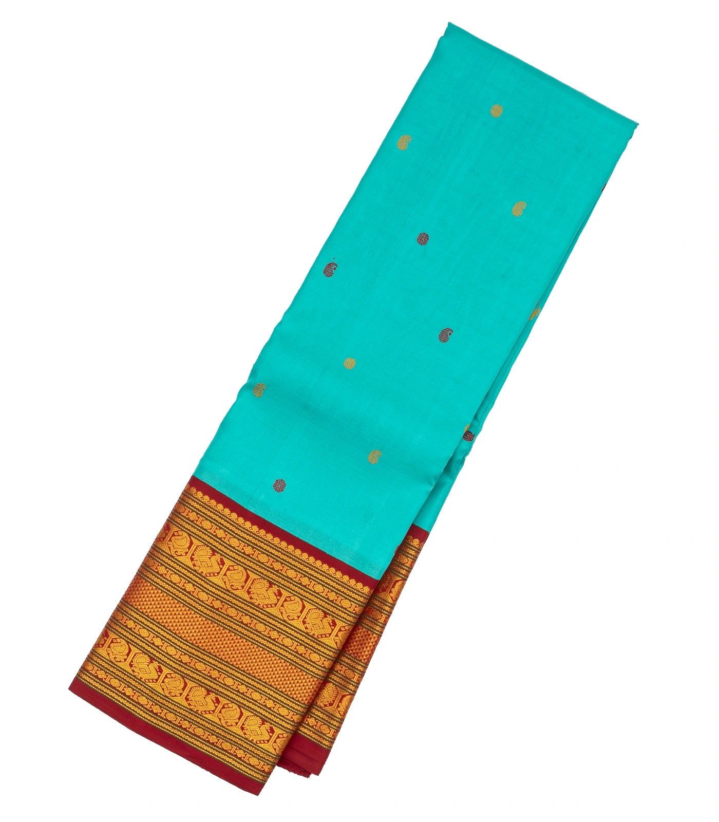 Turquoise Handloom Kanchipuram Korvai Silk Saree With Mango Buttas-Turquoise