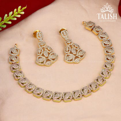 Gold-Plated American Diamond Stone Jewelry Set with Intricate Geometric Design